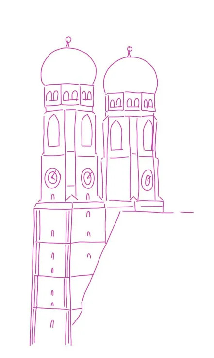 Linienzeichnung zweier Kirchtürme in München